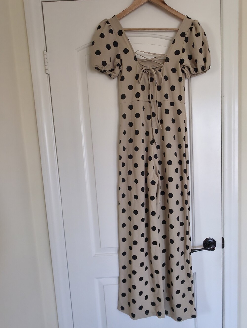 MANGO Beige Polka Dot Jumpsuit Wide Leg Puff Sleeve Old Money Resortwear Summer - Picture 4 of 8